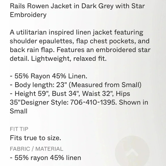 RAILS Rowen Dark Grey Star Embroidery Military Jacket Lightweight Relaxed Fit S - Picture 14 of 14